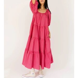 Pink Gingham Tiered Maxi Dress with Puff Sleeves